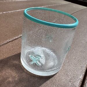 Icon blue Aqua Bow Clear Glass Vase with Teal Rim new